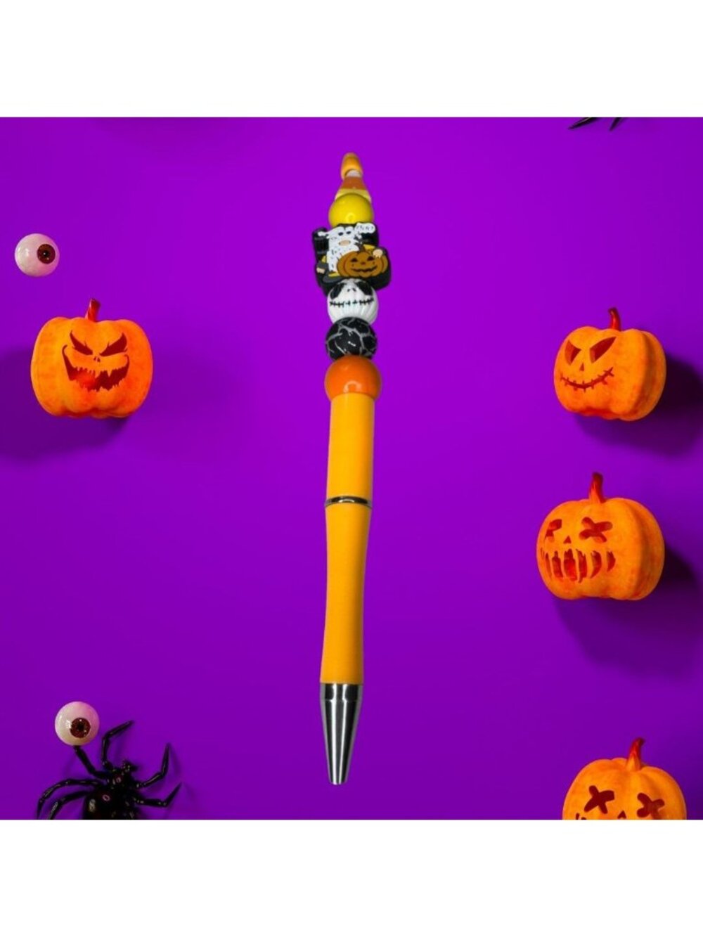 Halloween-Themed Orange Pen With Beaded Decorations Ghost & Pumpkin Design Candy